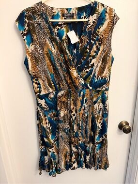 Glamorous Teal & Brown Printed Wrap-Style Dress
